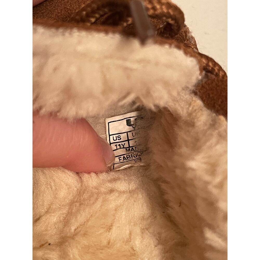 Lamo size 11 faux fur fuzzy slippers suede tan chestnut tie kids - Picture 6 of 7